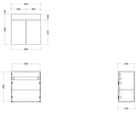 Timberline ENSUITE 600mm Space Saving Single Bowl Wall Hung Vanity (Drawing)