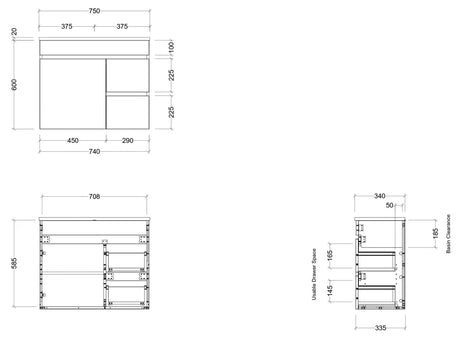 Timberline ENSUITE 750mm Space Saving Single Bowl Wall Hung Vanity (Drawing)