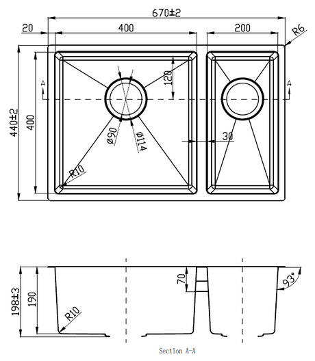 Eden 1 & 1 / 2 Bowl Above / Undermount Sink 93 degreee 670mm Drawing
