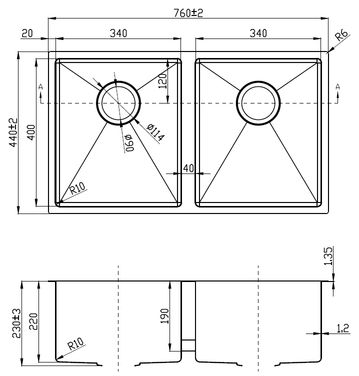 Eden Double Bowl Above / Undermount 230mm Deep Sink 760mm Drawing