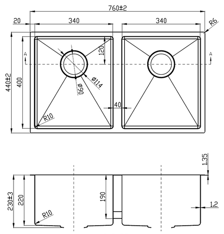 Eden Double Bowl Above / Undermount 230mm Deep Sink 760mm Drawing