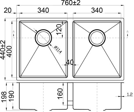 Eden Double Bowl Above / Undermount Sink 760mm Drawing