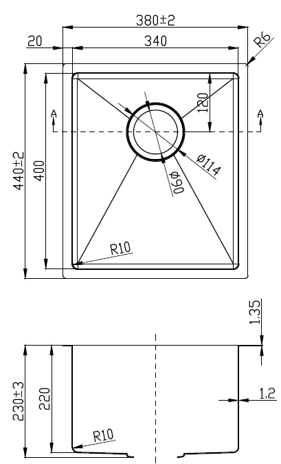Eden Single Bowl Above / Undermount 230mm Deep Sink 340mm Drawing