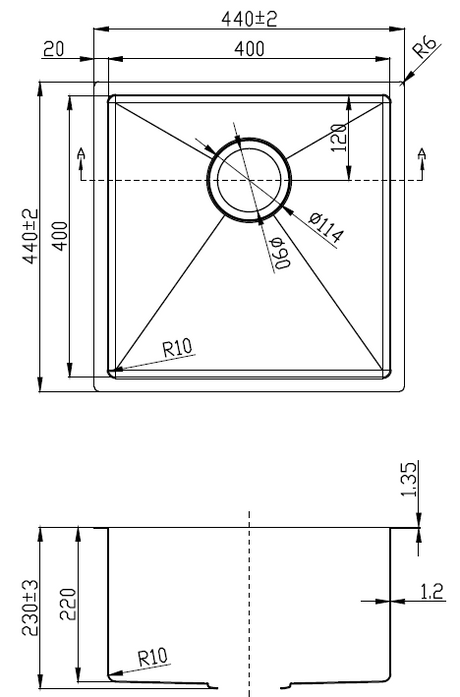 Eden Single Bowl Above / Undermount 230mm Deep Sink 400mm Drawing