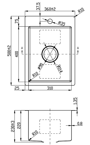 Eden Single Bowl Abovemount Laundry Sink 310mm Drawing