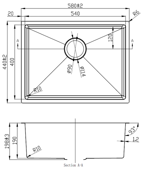 Eden Single Bowl Undermount Sink 93 degree 540mm Drawing