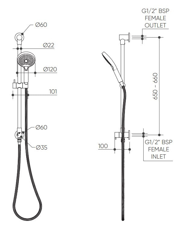 Elanna Diverter Rail Hand Shower Bottom Inlet Top Outlet drawing