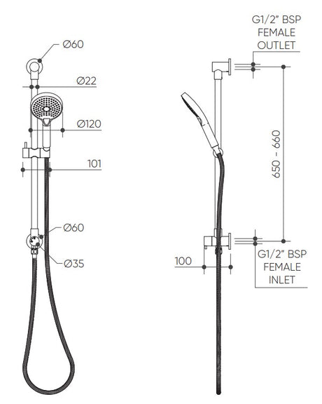 Elanna Diverter Rail Hand Shower Bottom Inlet Top Outlet drawing