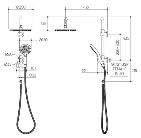 Elanna Half Rail Hand Shower With Diverter drawing