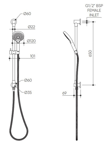 Elanna Rail Hand Shower Top Inlet drawing