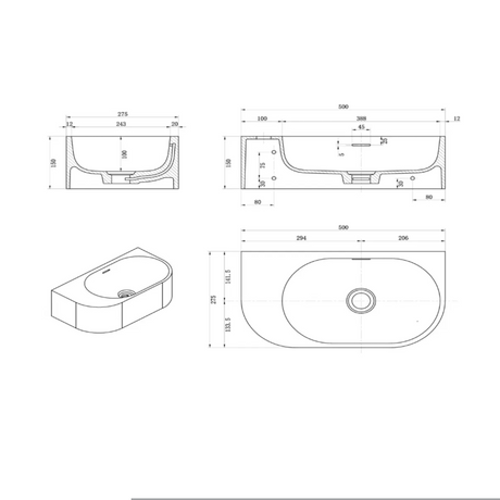 Elysia - Wall Hung - LH - 500 x 275 x 150mm