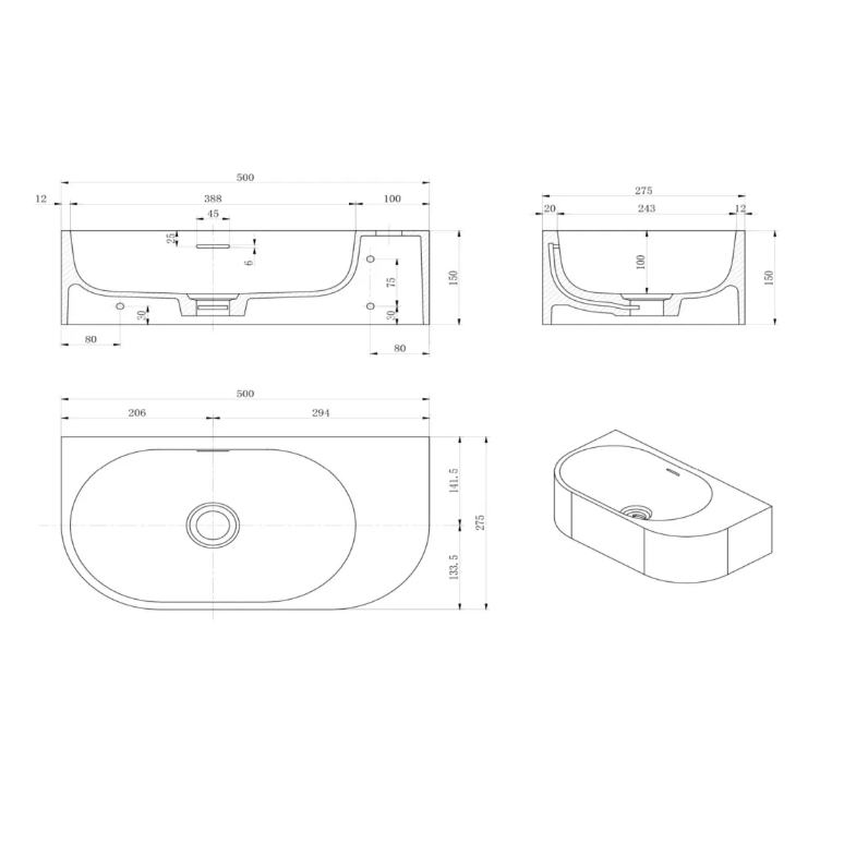 Elysia - Wall Hung - RH - 500 x 275 x 150mm
