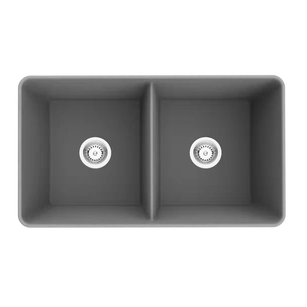 Farmhouse Quartz Kitchen Double Bowl Sink 838x482x262 (Matte Grey)
