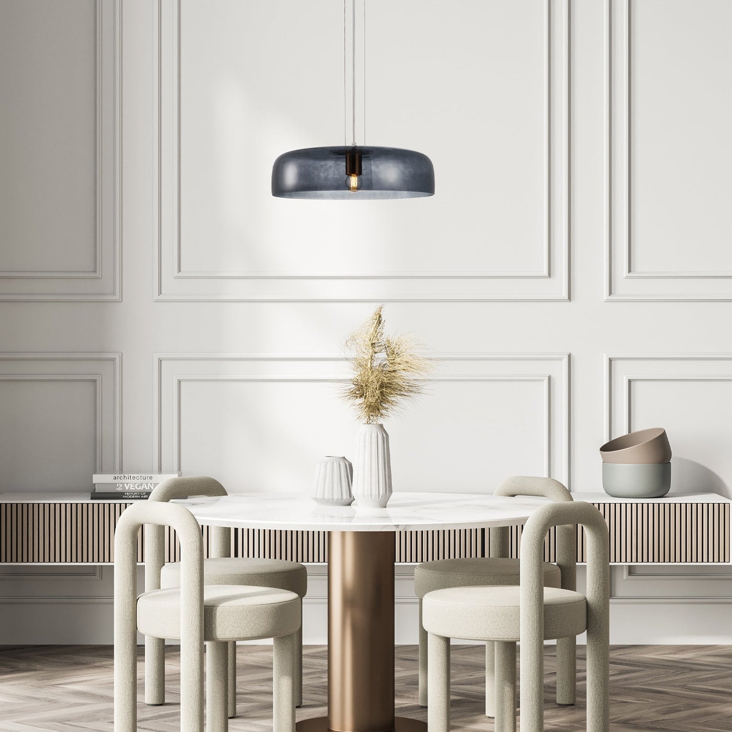 GELATINA: Interior Dome Glass with Brass Highlight Pendant Lights