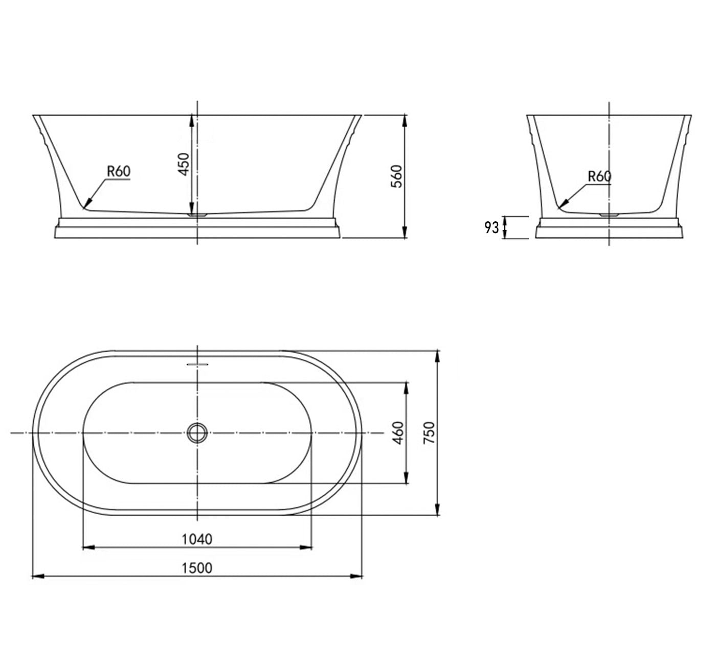 HAMPTON Freestanding 1500/1700mm Overflow Bathtub - Gloss White