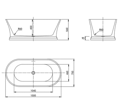 HAMPTON Freestanding 1500/1700mm Overflow Bathtub - Gloss White