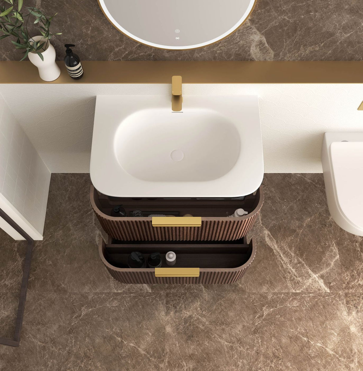 HAVANA Wall Hung Fluted Curve Vanity Sable Walnut 