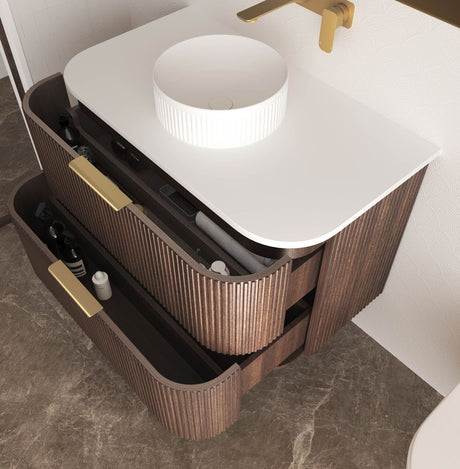 HAVANA Wall Hung Fluted Curve Vanity Sable Walnut 