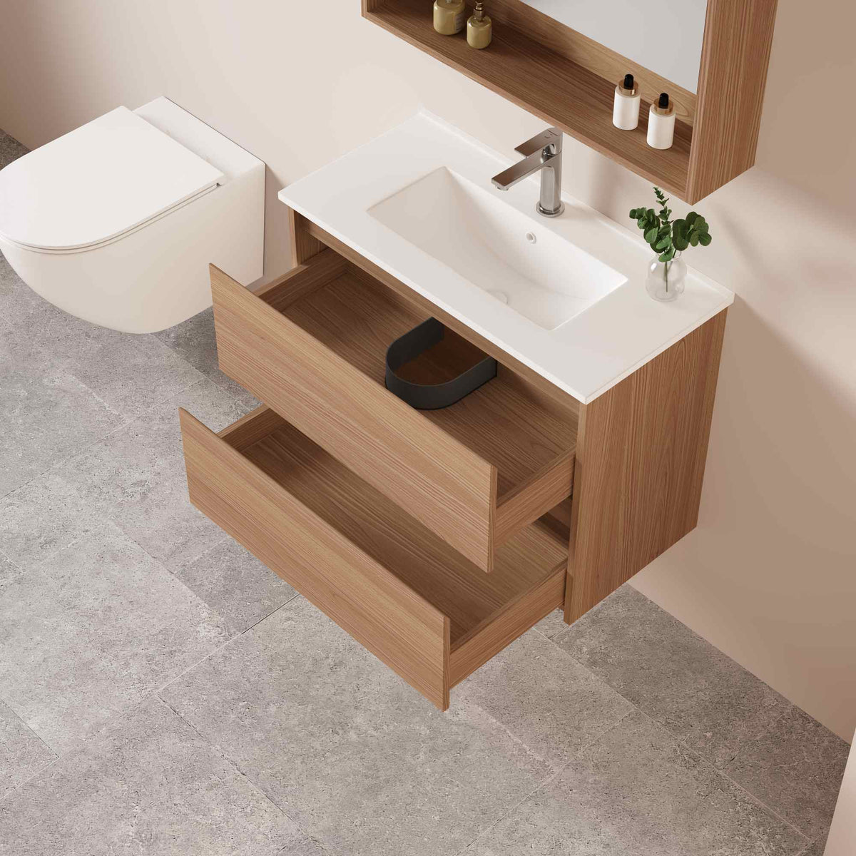 HERA MDF SLIM Wall Hung Vanity Cabinet Elegant Oak 
