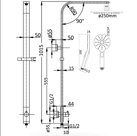 Kara Multifunction Shower Set - Technical Drawing
