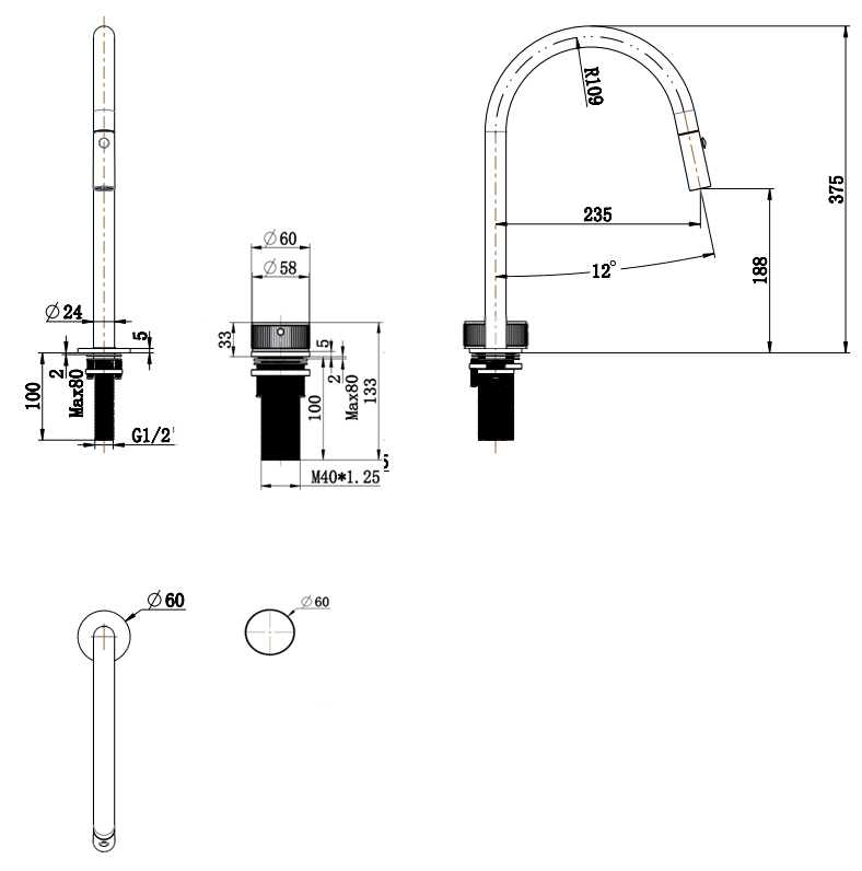 Mica fluted pull-out hob mixer set