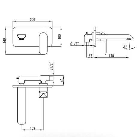 Kara Wall Basin Mixer - Technical Drawing