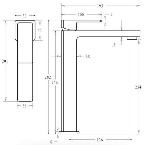 Ceram High Rise Basin Mixer - Technical Drawing