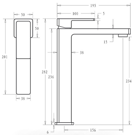 Ceram High Rise Basin Mixer - Technical Drawing