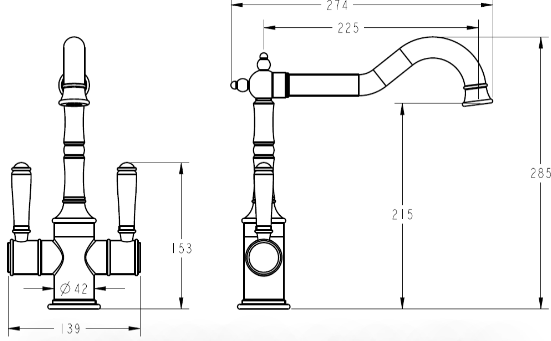 Clasico Twin Handle Sink mixer Ceramic Handle - Technical Drawing
