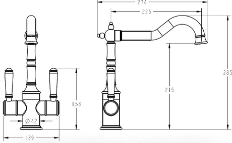 Clasico Twin Handle Sink mixer Ceramic Handle - Technical Drawing