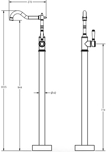 Clasico Free Standing Bath Mixer - Ceramic Handle - Technical Drawing