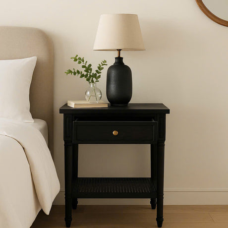 Hampton Cane Mindi Wood Bedside Table –  Black - 0.57m
