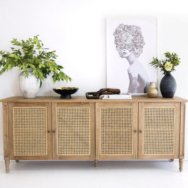 Hampton Weathered Oak Cane Four Door Sideboard - 2.04m