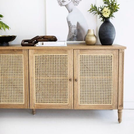 Hampton Weathered Oak Cane Four Door Sideboard - 2.04m