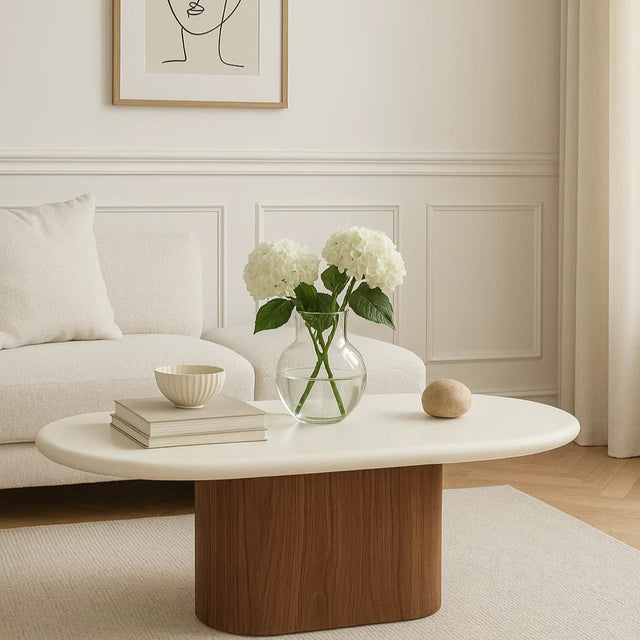 Harlow Oak veneer  Oval Coffee Table – 1.5m – Walnut Base