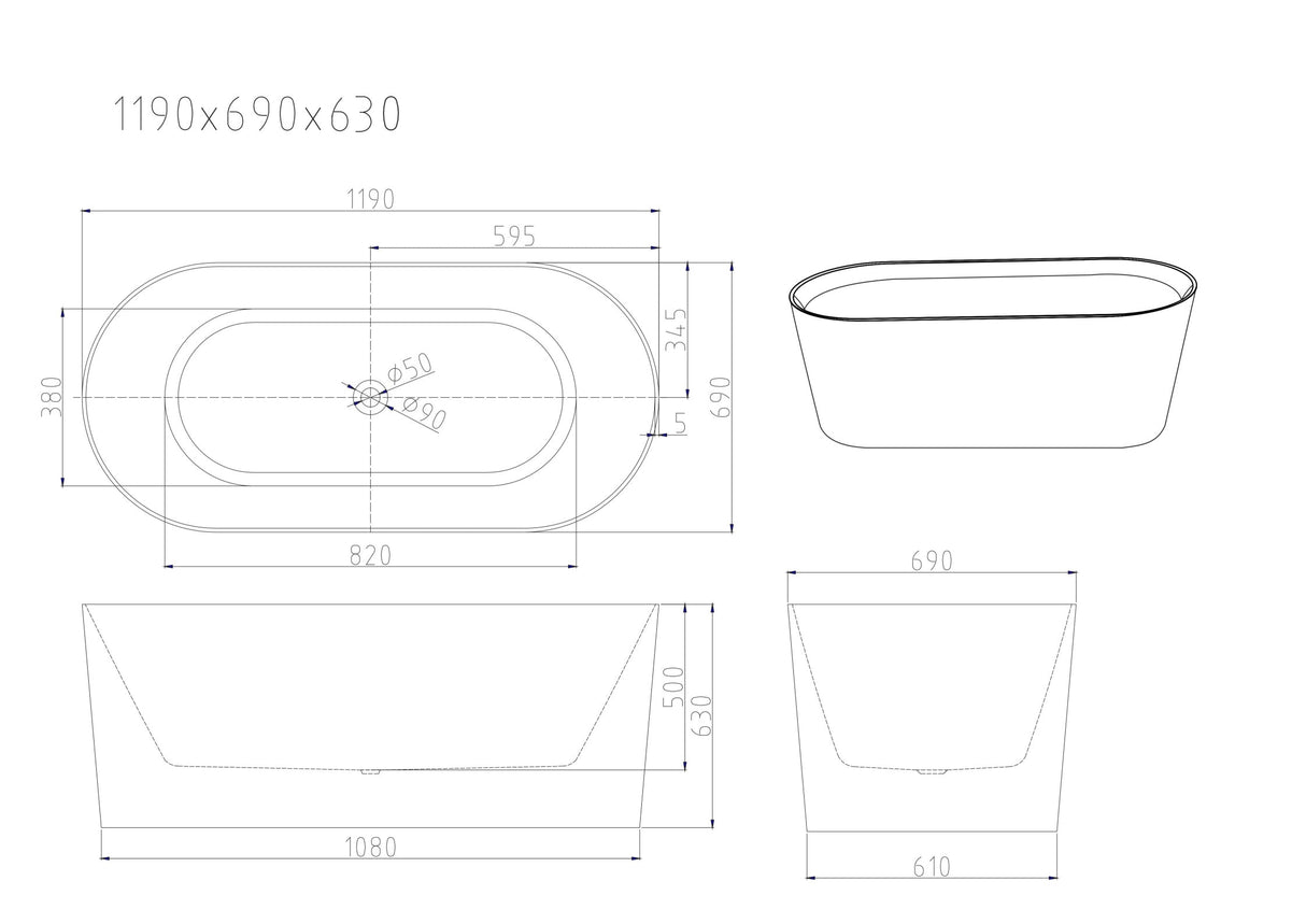ISEO Ultra-Thin Freestanding Bathtub With Overflow (Gloss White) 1200/1300/1400/1500/1600/1700mm