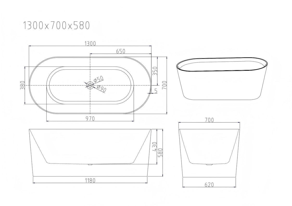 ISEO Ultra-Thin Freestanding Bathtub With Overflow (Gloss White) 1200/1300/1400/1500/1600/1700mm