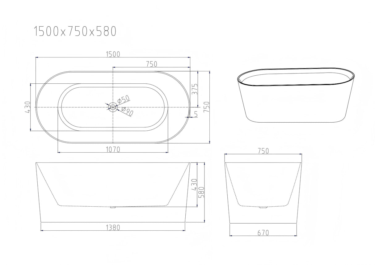 ISEO Ultra-Thin Freestanding Bathtub With Overflow (Gloss White) 1200/1300/1400/1500/1600/1700mm