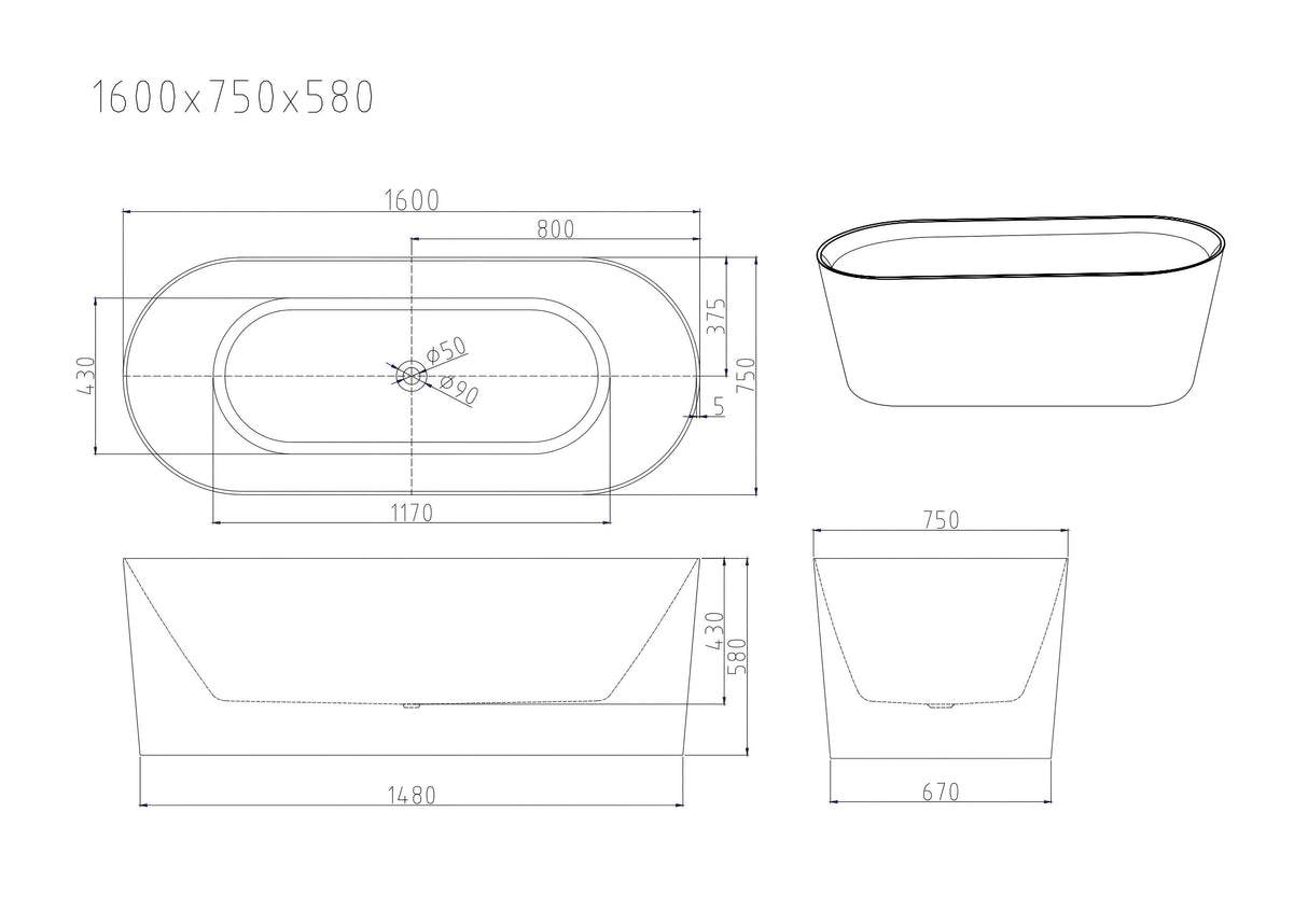 ISEO Ultra-Thin Freestanding Bathtub With Overflow (Gloss White) 1200/1300/1400/1500/1600/1700mm