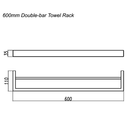 IVANO Square Double Towel Rail 600mm - Brushed Gun Metal Technical Drawing