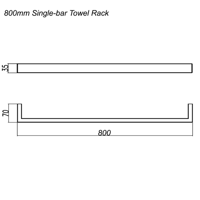 IVANO Square Single Towel Rail 800mm - Brushed Gun Metal Technical Drawing