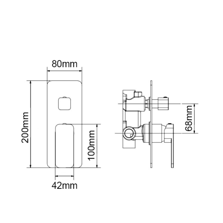 IVANO Solid Brass Shower Bath Wall Mixer With Diverter - Chrome Technical Drawing