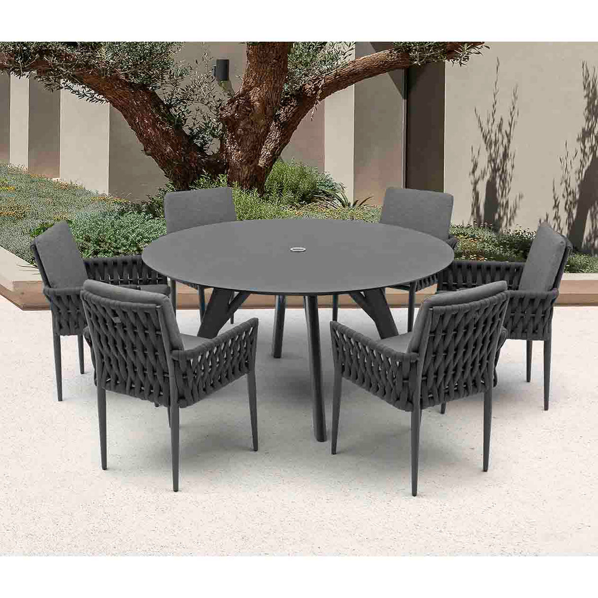 Iowa Outdoor Aluminium Round Dining Table with High-pressure Laminate Top in Charcoal/Teak Look