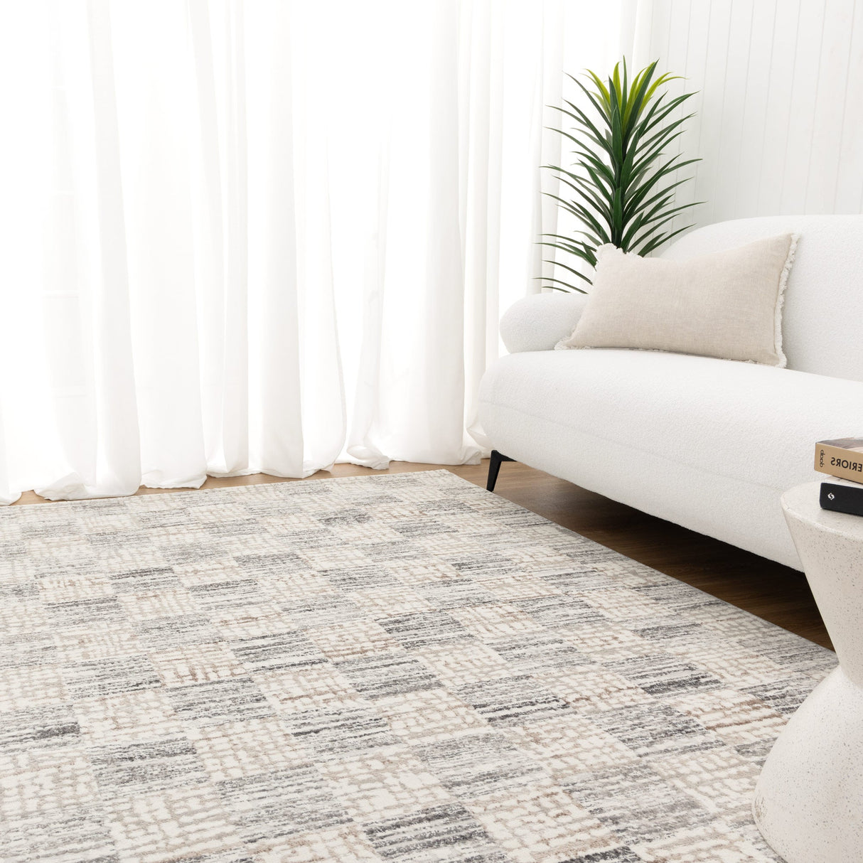 Jade Distressed Checkers Grey Beige Rug - JADE004