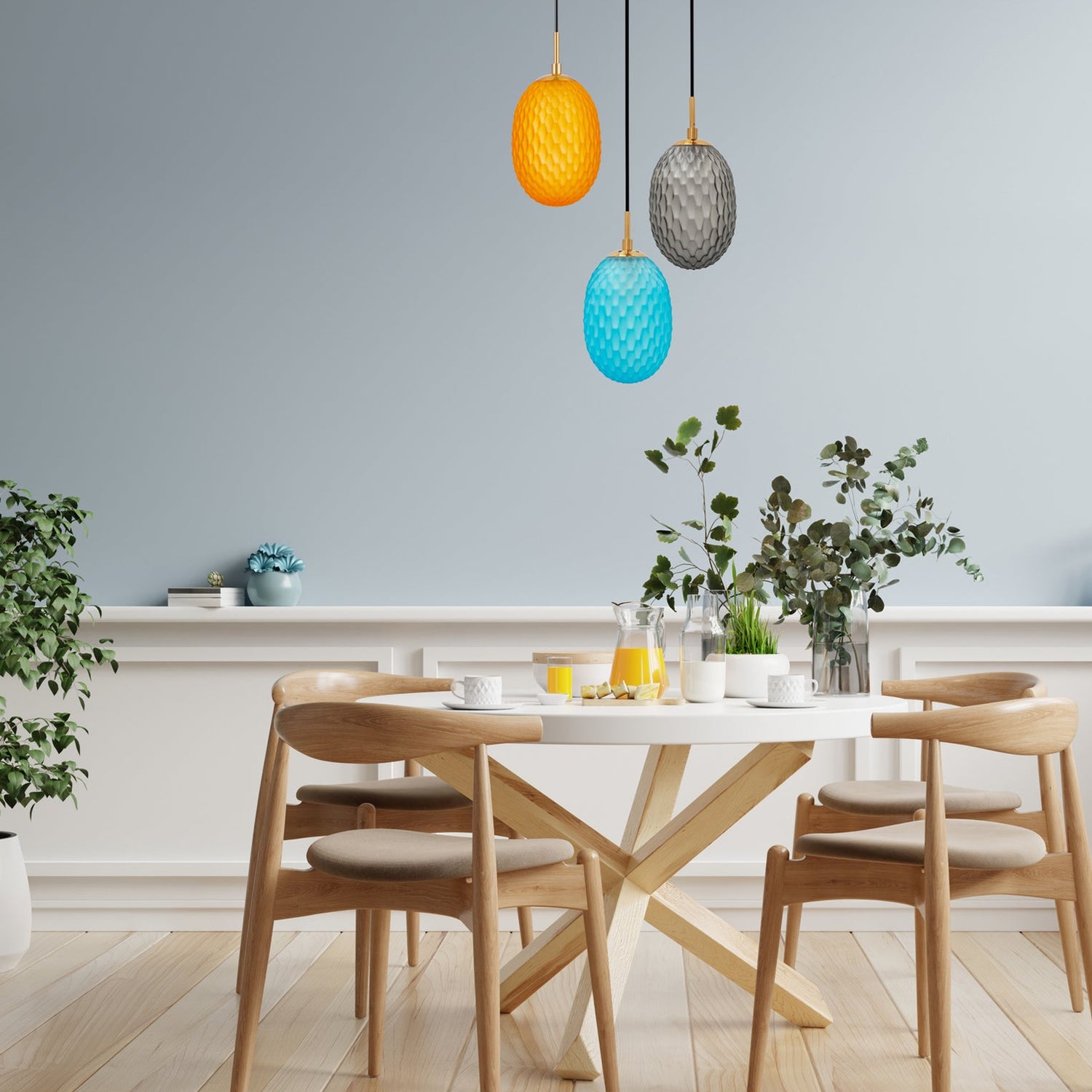 KATHAL: Interior Ellipse Glass Segmented with Brass Highlight Enclosed Pendant Lights