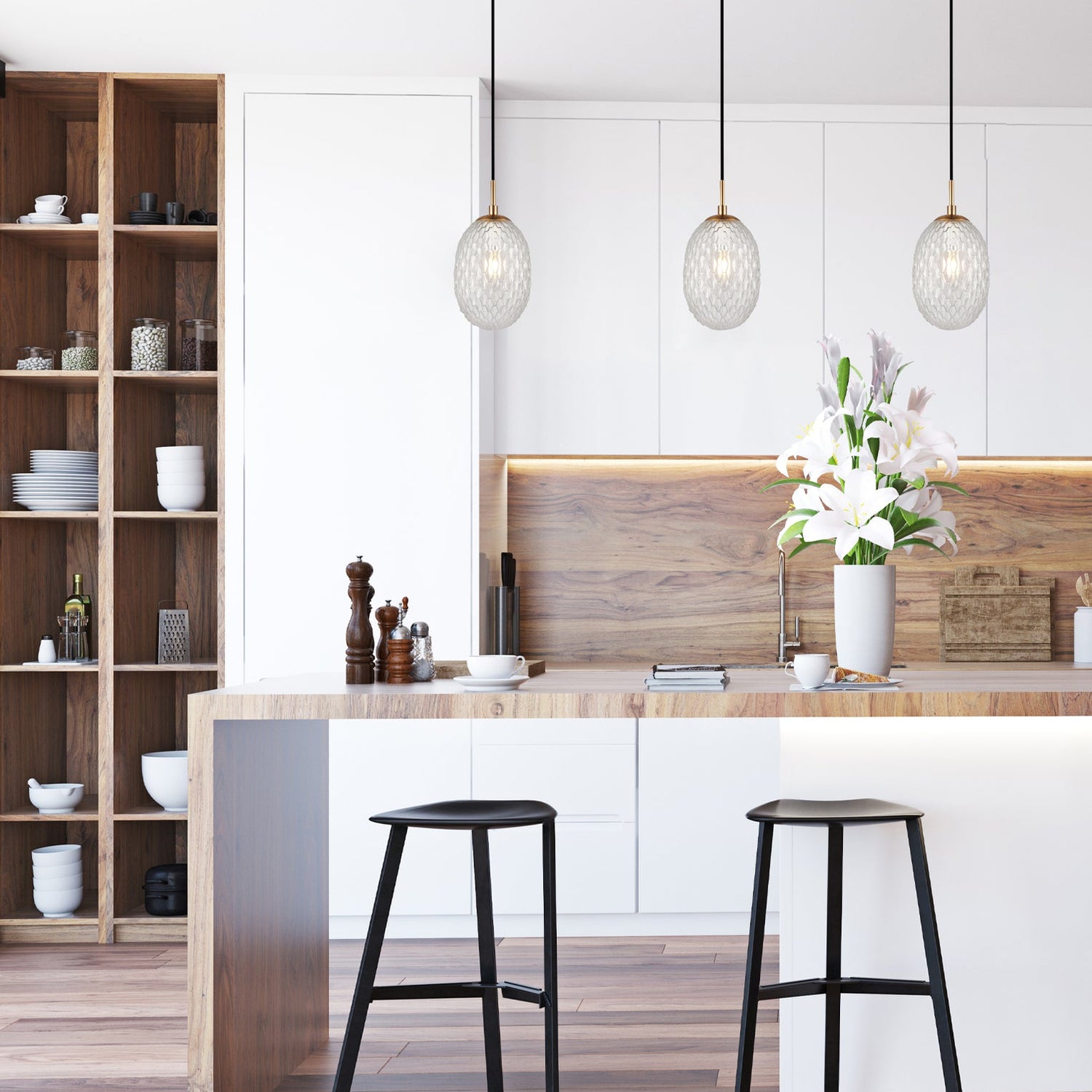 KATHAL: Interior Ellipse Glass Segmented with Brass Highlight Enclosed Pendant Lights