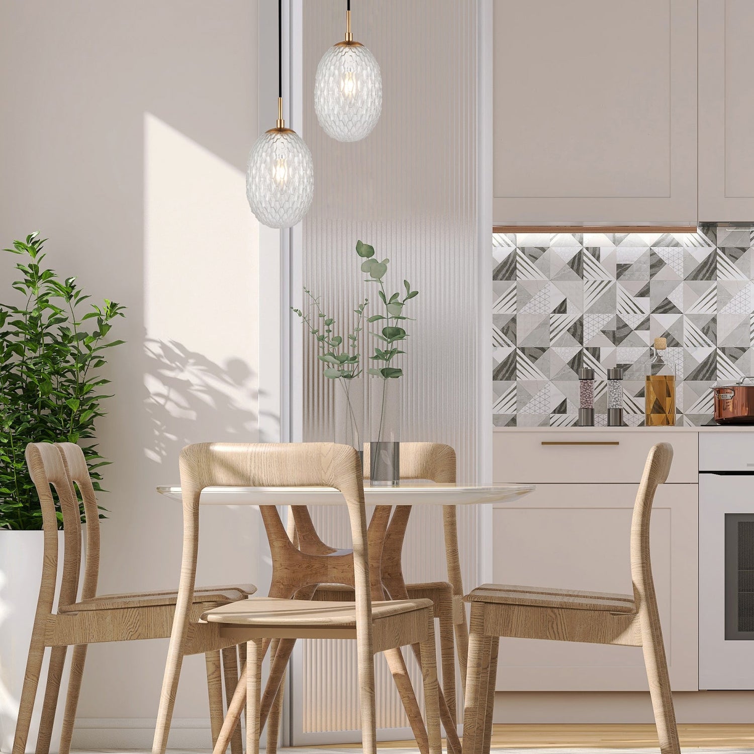 KATHAL: Interior Ellipse Glass Segmented with Brass Highlight Enclosed Pendant Lights