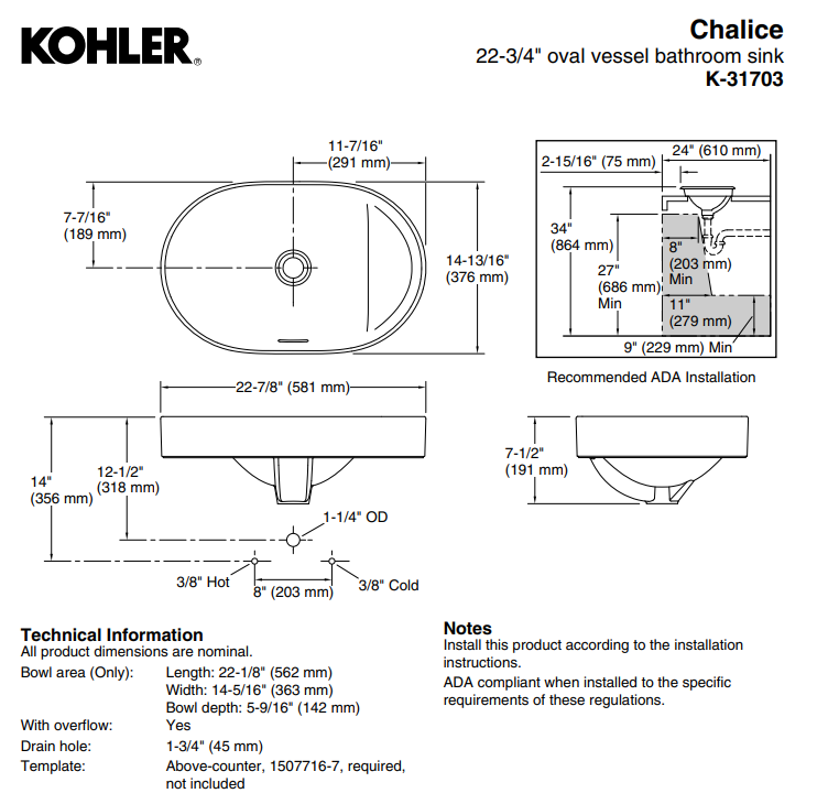 KOHLER Chalice Oval Vessels Basin