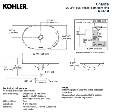 KOHLER Chalice Oval Vessels Basin