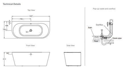 KOHLER Evok Back-To-Wall Free Standing Bathtub Gloss White (1500mm / 1700mm)